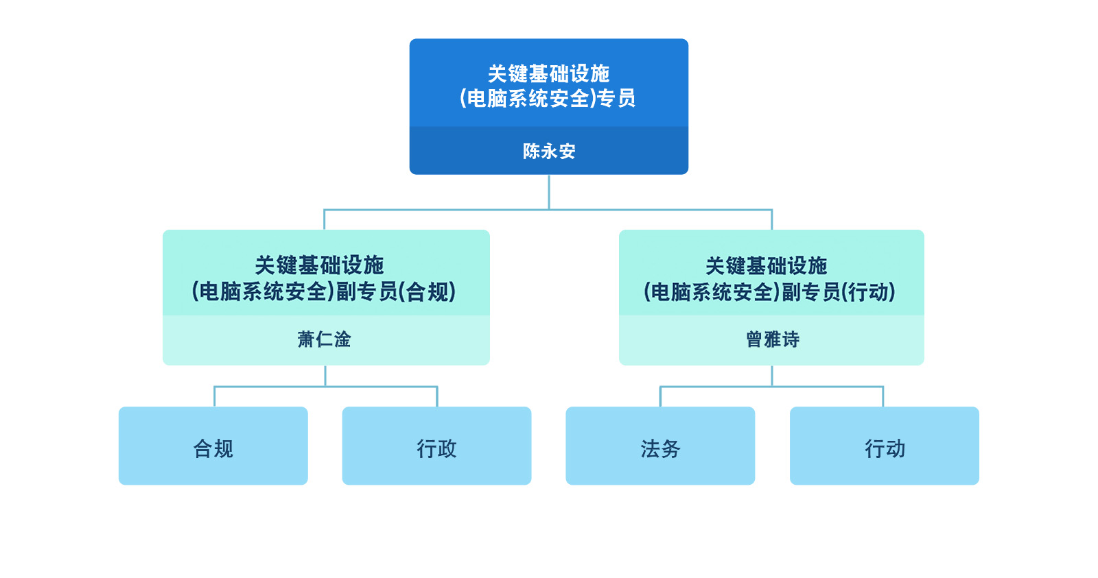 关键基础设施(电脑系统安全)专员办公室的组织架构图：关键基础设施(电脑系统安全统安全)专员及两名副专员, 即关键基础设施(电脑系统安全统安全)副专员(合规)及关键基础设施(电脑系统安全)副专员(行动)带领办公室人员从合规、行政、法务及行动方面执行《条例》